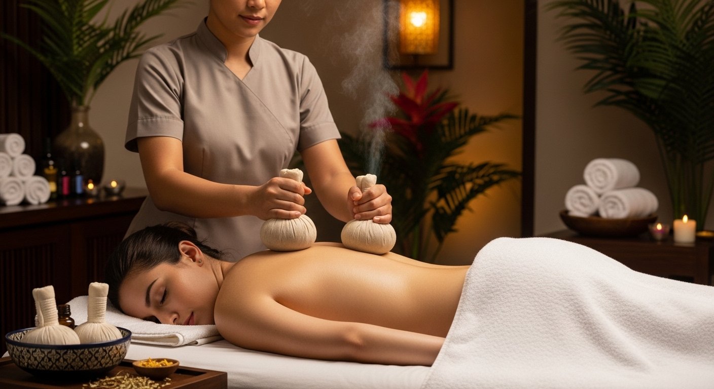 Full Body Natural Herbal Potli Therapy session at Aura International Thai Spa